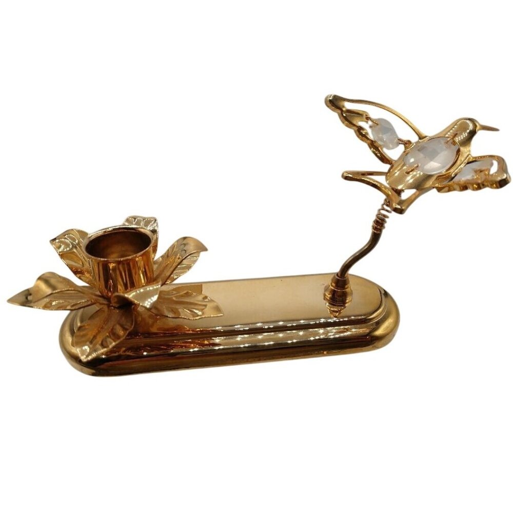 Vintage Austrian Crystal Delight 24K Gold Plated Hummingbird & Flower Candle Hol